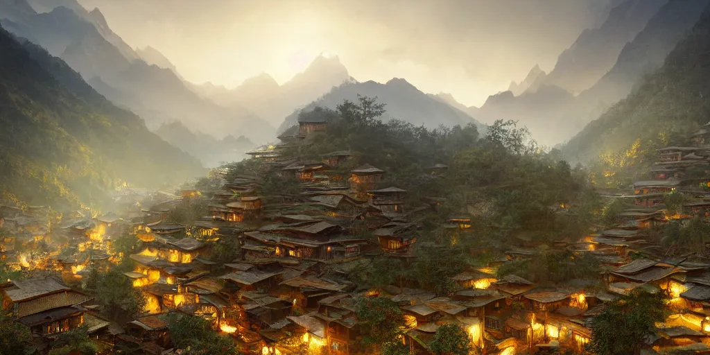 Prompt: nepalese mountain village at dusk, dim volumetric lighting, 8 k octane render, hdr, postprocessing, hyperdetailed, intricate, epic composition, cinematic lighting, masterpiece, trending on artstation, stunning art by anders zorn, extraordinary artwork by greg rutkowski