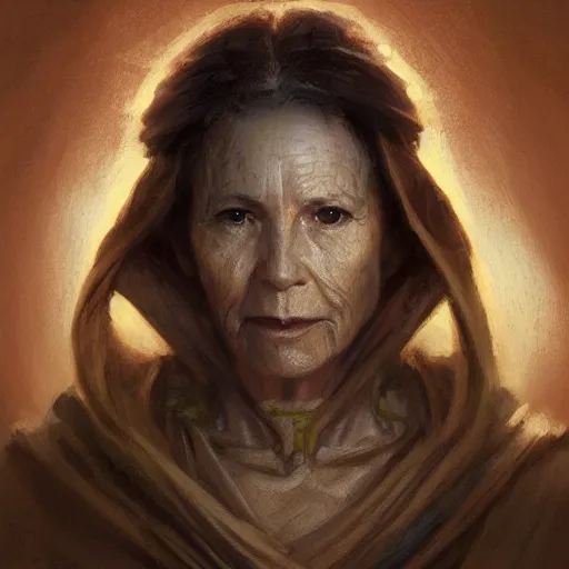 Image similar to portrait of a woman by greg rutkowski, grand jedi master jade skywalker, copper wavy hair, star wars expanded universe, she is about 7 0 years old, wearing jedi robes, wise and serene, highly detailed portrait, digital painting, artstation, concept art, smooth, sharp foccus ilustration, artstation hq