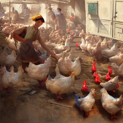 Prompt: Chickens being prepared for slaughter in an 18th century Chinese market, artwork by Craig Mullins, trending on artstation