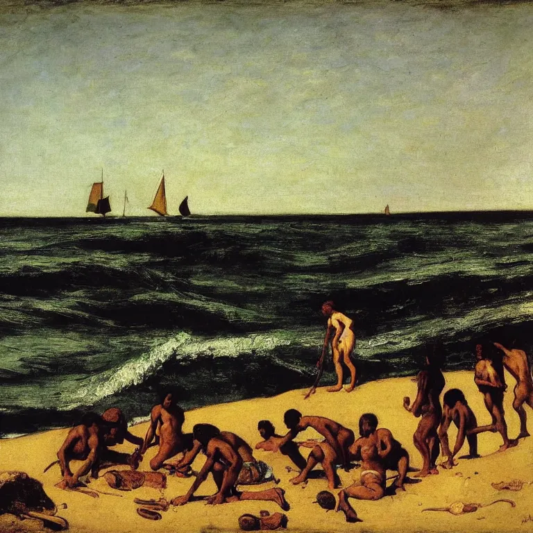 Prompt: An aborigine on the shoreline from Australia trading with a English settlers coming off a tri-hull wooden ship, the settlers are wearing multicolour clothes, the ocean horizon is in the distance, by Gustave Courbet