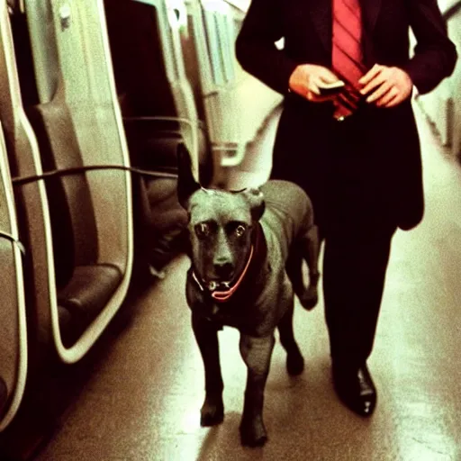 Image similar to a dog wearing a business suit on a subway train, 1 9 7 0 colour photography