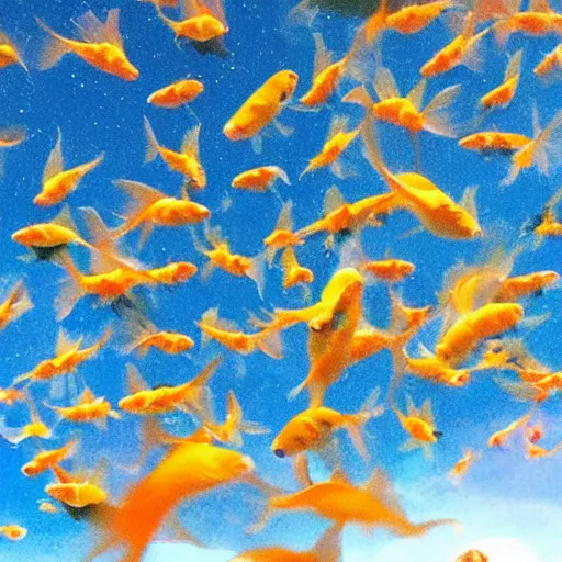 Prompt: a swarm of goldfish in the sky