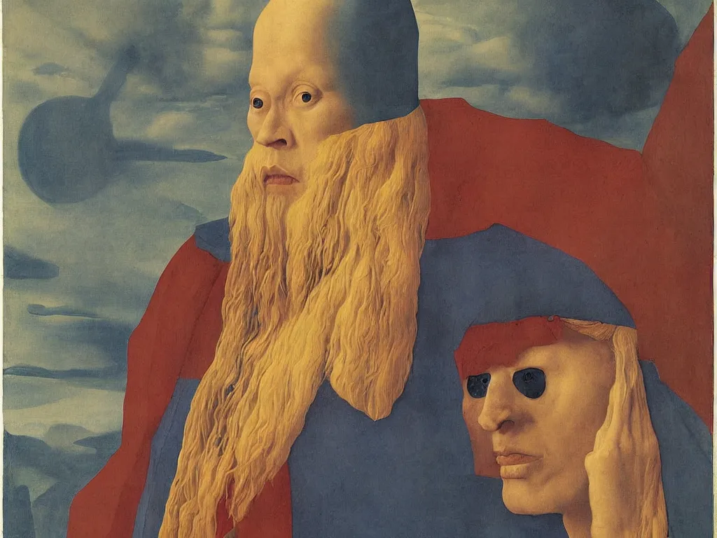 Prompt: Portrait of albino mystic with blue eyes, with atomic explosion. Painting by Jan van Eyck, Audubon, Rene Magritte, Agnes Pelton, Max Ernst, Walton Ford