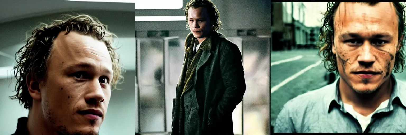 Prompt: close-up of Heath Ledger as a detective in a movie directed by Christopher Nolan, movie still frame, promotional image, imax 70 mm footage