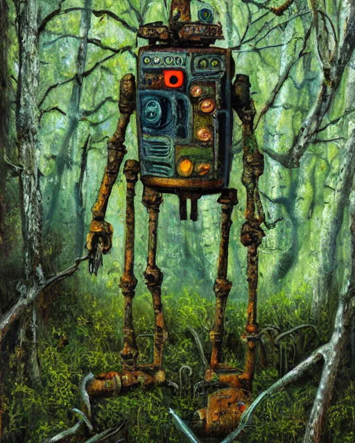 Image similar to detailed oil painting of a decayed, rusty, robot, covered in moss, in a forest, painted by Greg Rukowtski, sunlight