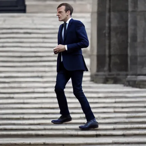 Image similar to 1750 Emmanuel Macron walking, 150mm photography, high quality, 4K