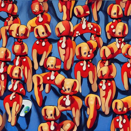 Image similar to a painting portrait of humanoid hot dogs in arsenal jersey, studio ghibli,