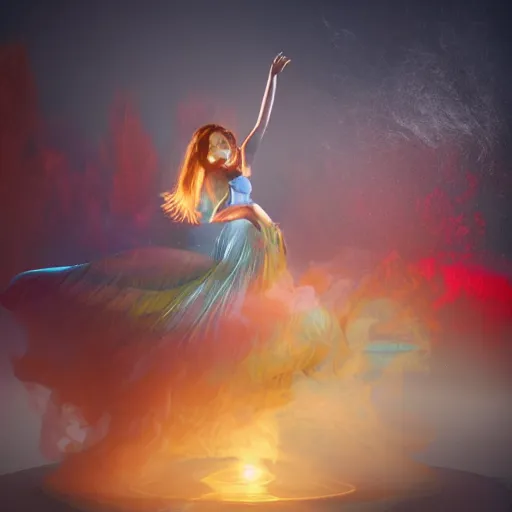 Prompt: arthouse film octane render by geoff johns and joe jusko and thomas kinkade, a woman wrapped in a cloud of colorful smoke, walking across a reflective pool of silver liquid at sunset, cinema 4 d, 4 k, volumetric lighting, ray traced lighting, houdini render, ultra - detailed