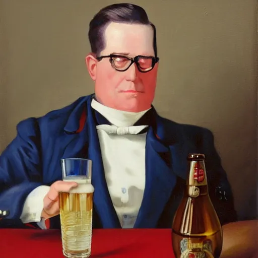 Image similar to painting of a portrait ofVictorian Era president Hank Hill drinking a Pabst Blue Ribbon beer, realistic