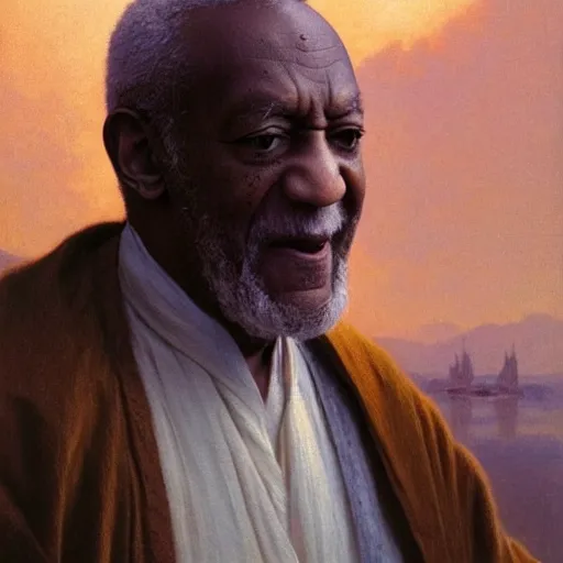 Image similar to Painting of Bill Cosby as Obi-Wan Kenobi. Art by william adolphe bouguereau. During golden hour. Extremely detailed. Beautiful. 4K. Award winning.