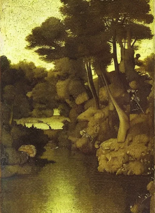 Prompt: unknown being in the river, the body seemed to dissolve in water. silver scales, splashed a pointed fin. The water broke ahead obeying the movement of a strong being. medieval painting by Jan van Eyck, Johannes Vermeer, forest