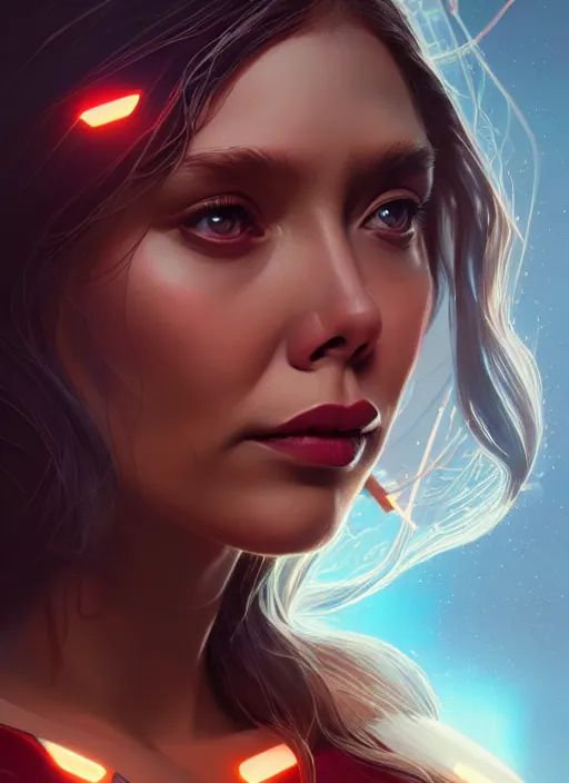 Image similar to portrait of modern darna, elizabeth olsen, intricate, elegant, glowing lights, highly detailed, digital painting, artstation, glamor pose, concept art, smooth, sharp focus, illustration, art by wlop, mars ravelo and greg rutkowski