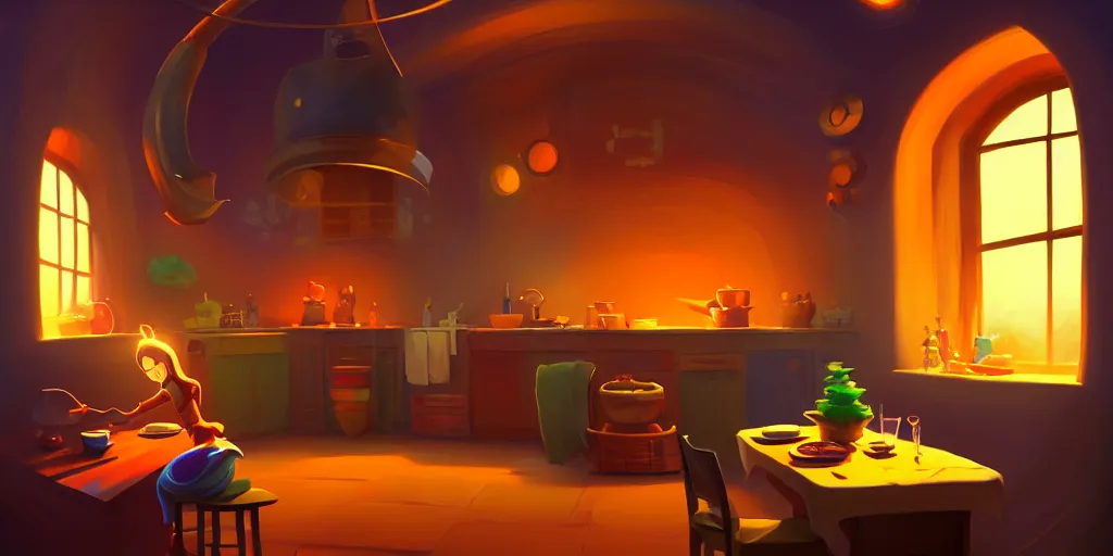 Prompt: naive nerikomi, weird perspective, extra narrow, detailed illustration of a kitchen dim lit by flashlight in a scenic spiral environment by rhads from lorax movie, trending artstation, true color