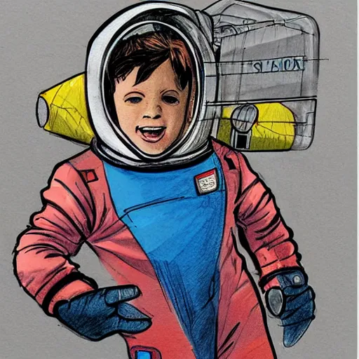 Prompt: Sergio Bleda and Jérémy Petiqueux and Alex Maleev color sketch of a boy super scientist in a retro home made astronaut suit