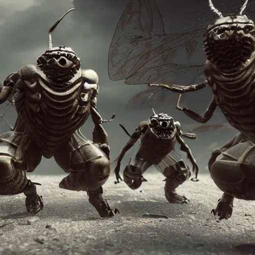 Prompt: highly detailed octane render of giant glowing insects chasing short fat men with giant beards who each hold a gun and wear armour. Depth of field