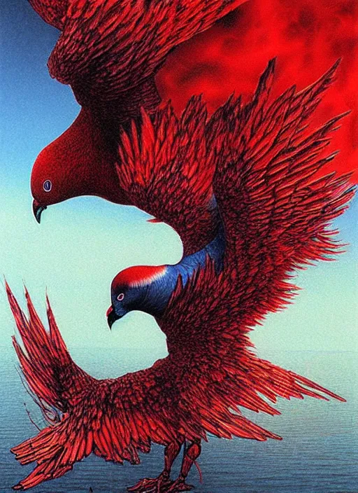 Prompt: a side view of spirit of chthonic demonic pigeon with red eyes, on background red lake on fire, highly detailed, art by Ayami Kojima, Beksinski, Giger