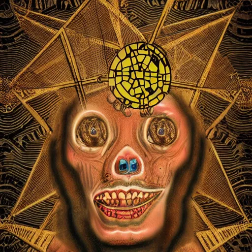 Image similar to portre of an autistic demon on acid, masonic and kabalistic symbols in background, digital art, 8k, delicate details