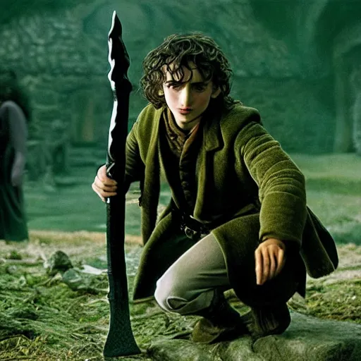 Prompt: action 7 0 mm nighttime firelit photo still from lord of the rings of timothy chalamet as a stealthy hobbit assassin with a poisoned dagger, photo by philip - daniel ducasse and yasuhiro wakabayashi and jody rogac and roger deakins