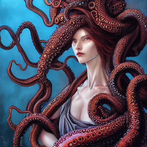 Image similar to a woman with tentacles on her head, an ultrafine detailed painting by ayami kojima, cgsociety, fantasy art, lovecraftian, cosmic horror, detailed painting