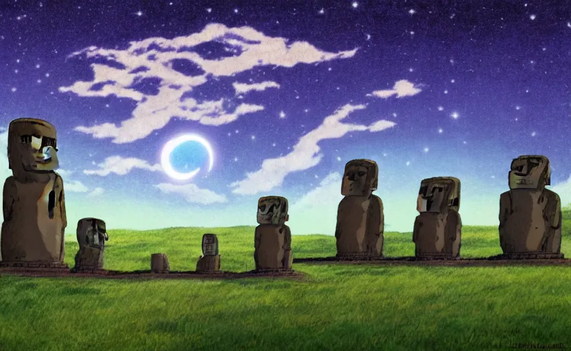 Image similar to a cell - shaded studio ghibli concept art study of a square dimensional portal doorway in easter island on a misty starry night. water is flowing out of the mouth of the portal. very dull colors, hd, 4 k, hq