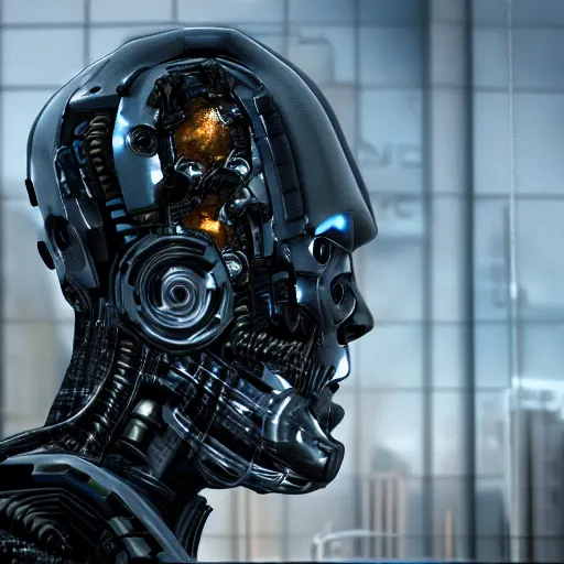 Image similar to portrait of a terminator with borg enhancements, gears are visible inside it's head, ultra detailed 8k. There is a dystopian city in the background. Rendered with unreal 5 engine with ray tracing and tessellation