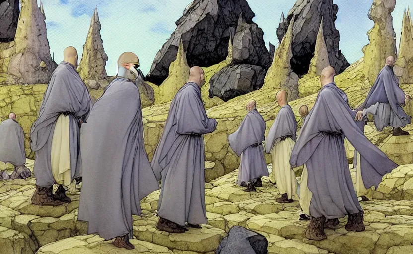 Prompt: a hyperrealist watercolour concept art of a group of medieval monks in grey robes pointing up at five large stones floating in the sky. by rebecca guay, michael kaluta, charles vess and jean moebius giraud. high detail, hq, wide shot