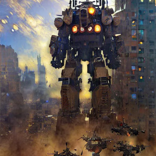 Image similar to six meters tall mech fighting in an urban environment, highly detailed painting by gaston bussiere craig mullins jc leyendecker gustav klimt artgerm greg rutkowski john berkey, bergey, craig mullins, ruan jia, raymond swanland, jeremy mann, tom lovell, alex malveda