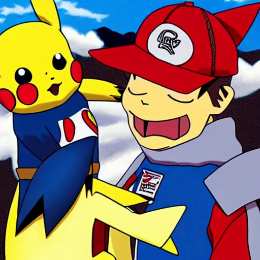 Image similar to pikachu and ash ketchum having a pillow fight, anime