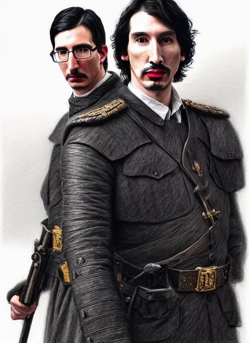 Image similar to a portrait of john oliver standing next to adam driver as in the vigo carpathian painting, stoic, military uniform, fantasy, intricate, beautiful, highly detailed, charcoal, centered, dark, smokey, digital painting, concept art, smooth, sharp focus, illustration, art by artgerm and greg rutkowski