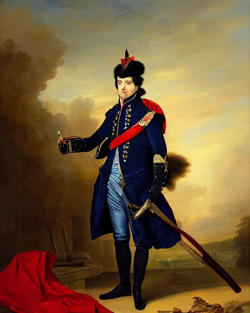 Image similar to dark brown cat with dark eyes and serious expression wearing 1 8 th century royal guard uniform in navy blue and red, joseph ducreux, greg rutkowski, regal, stately, royal portrait, painting