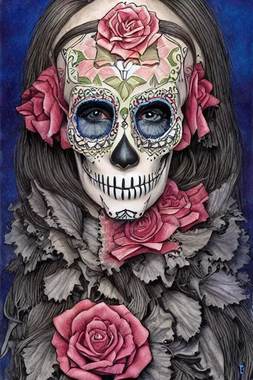 Prompt: Illustration of a sugar skull day of the dead girl, art by John Howe