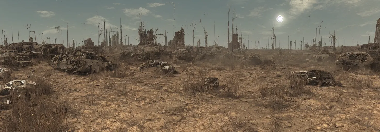 Prompt: wastelands by a sunny day, year 2 3 5 9, after a nuclear outcome, detailed ground, smooth and high resolution, unique bus wreck, impacts, clear atmosphere