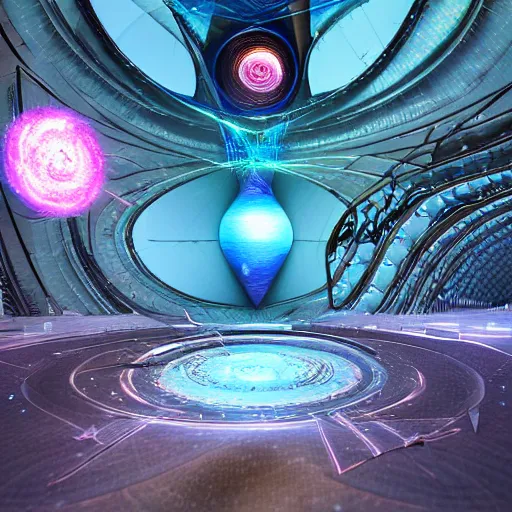 Prompt: the machine universe encounters a living cosmos inside an asymmetric orthogonal non - euclidean upside down inside out world with an infinite cosmic spiral waterfall of living information, mixed media, unreal engine, fractalpunk