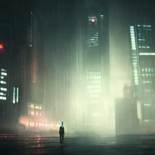 Image similar to rain, giant futuristic cyberpunk spaceship with small character silhouette in the foreground, blade runner, dense fog, bloom, cinematic contrasted lighting, ultra detailed, trending on artstation