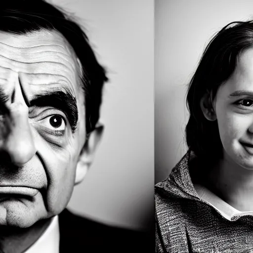 Image similar to A portrait mr bean elizabeth teams up with a teenage mr bean, perfect faces, 50 mm, award winning photography