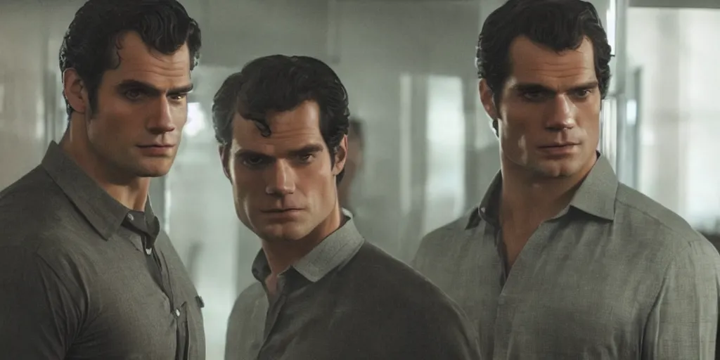 Image similar to ultra wide angle photo of henry cavill dressed in a a green flannel shirt and black dress pants as clark kent looking at himself in a bathroom mirror and seeing his reflection as superman