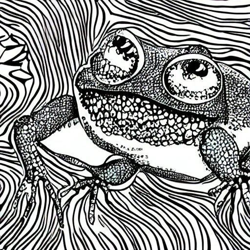 Image similar to deep camouflage angry toad evil eyes poking out eyes from under the water ultra sharp blur background simple background psychedelic contour ink drawing gustave dore cinema 4d