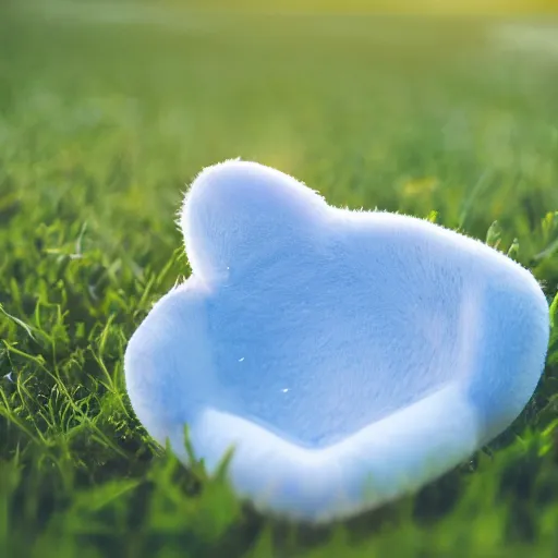 Image similar to a white cat paw holding a light blue apple, close up, with a field in the background, unreal engine