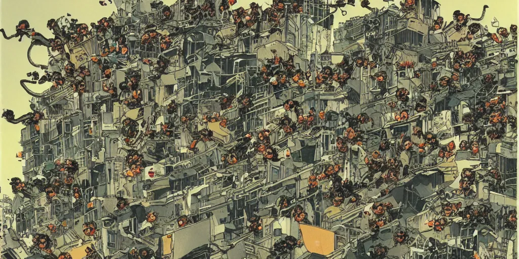 Prompt: a tight shot of a dozen monkeys attacking a city in Japan by Ashley Wood, rule of thirds