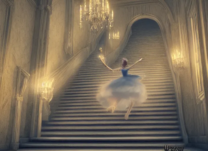 Image similar to a princess runing down a stair, cinderella, magical, crystal, detailed, night, 3 d, octance render, by wlop