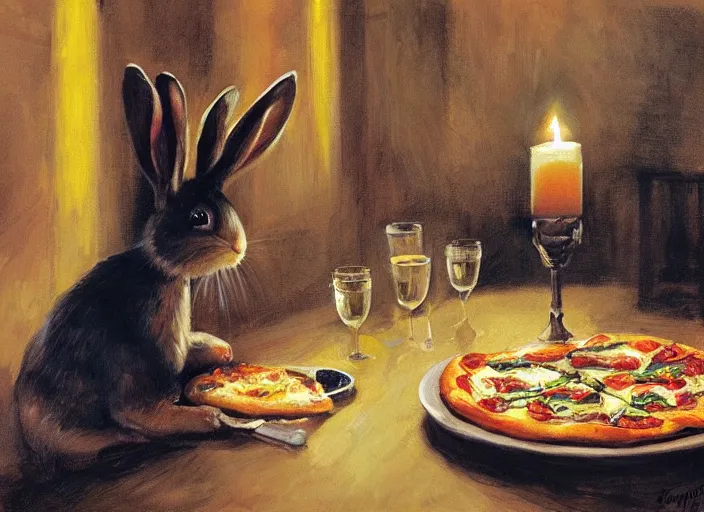 Image similar to a highly detailed beautiful portrait of a bunny at a restaurant, eating pizza, candle lit dinner, by gregory manchess, james gurney, james jean