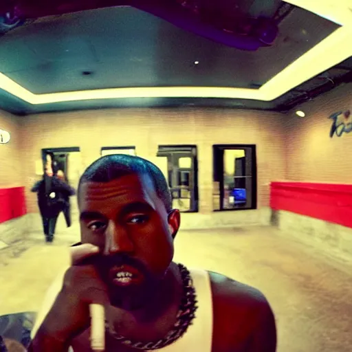 Image similar to blurry, gopro footage of kanye west eating at taco bell, cinematic, volumetric lighting, night, rain