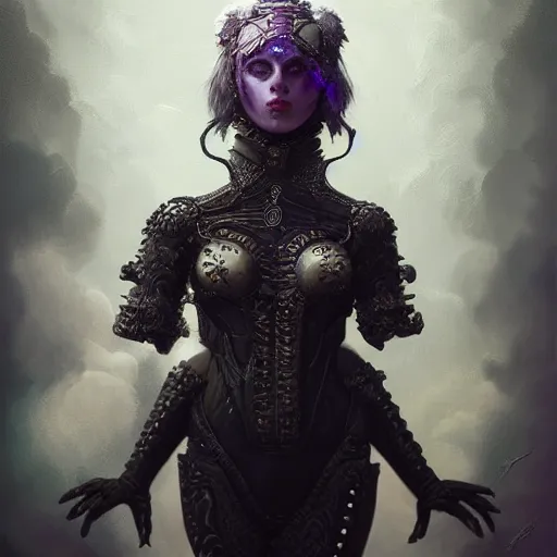 Image similar to tom bagshaw, soft painting portrait fractal curiosities carnival, very beautiful female mutation tigress in full ornated nightshade gothic armor, accurate features, focus, very intricate ultrafine details, black white purple volumetric clouds, award winning masterpiece, octane render 8 k hd