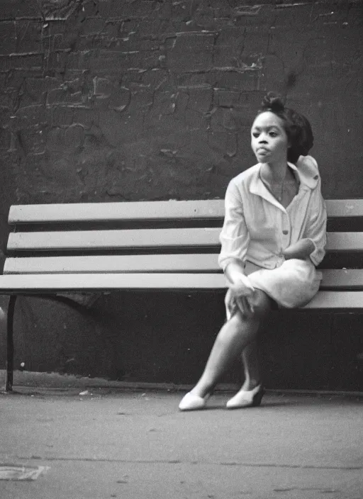 Prompt: a 35mm photograph of a woman sitting on a bench in Harlem, New York City in the 1960's at sunset, bokeh, Canon 50mm, cinematic lighting, photography, retro, film, Kodachrome, award-winning, rule of thirds, golden hour