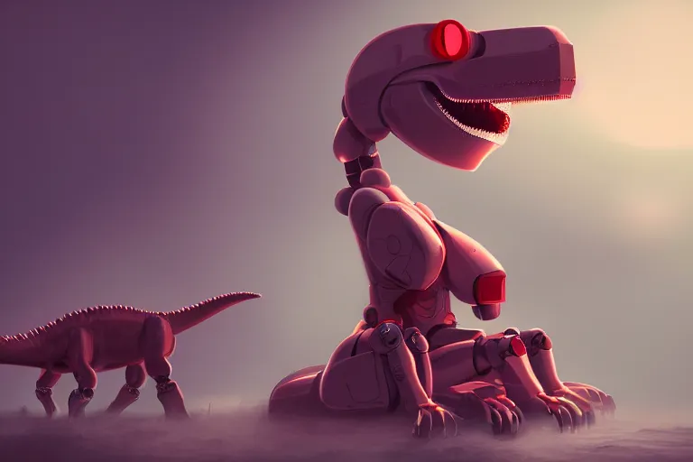 Image similar to a cute robot girl sitting on a dinosaur, misty, digital art, hazy, foggy, red lighting, ambient lighting, 8 k,