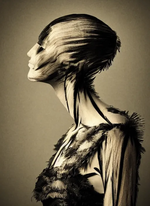 Image similar to a womans face in profile made of feathers skeleton in the style of the dutch masters and gregory crewdson dark and moody