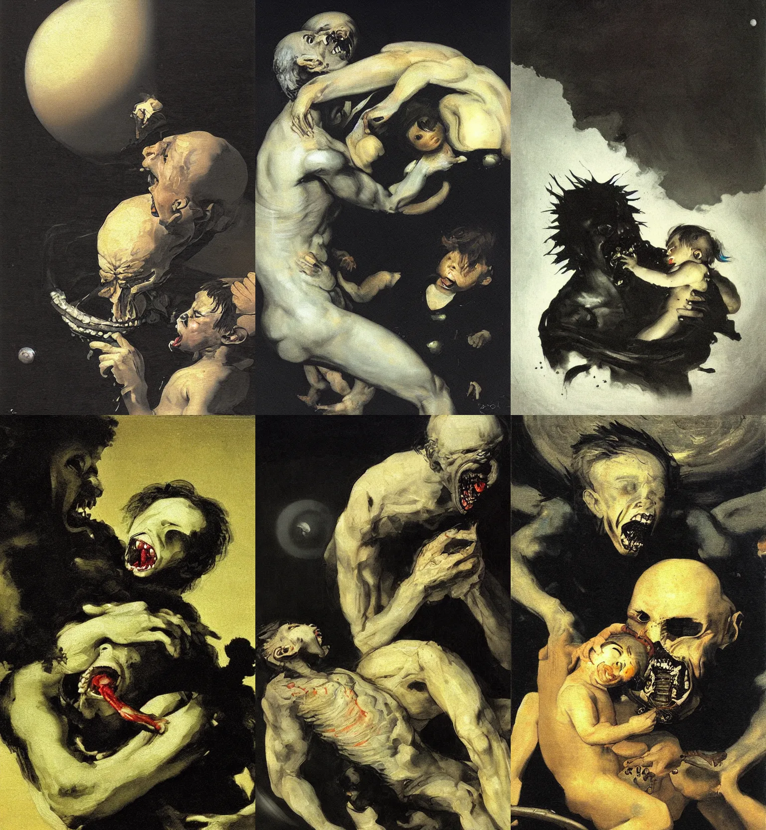 Prompt: saturn devouring his son. black painting. by goya and wlop.