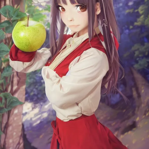 Image similar to isekai masterpiece by liya nikorov, zeronis, sciamano 2 4 0, and airi pan. of a girl holding an apple