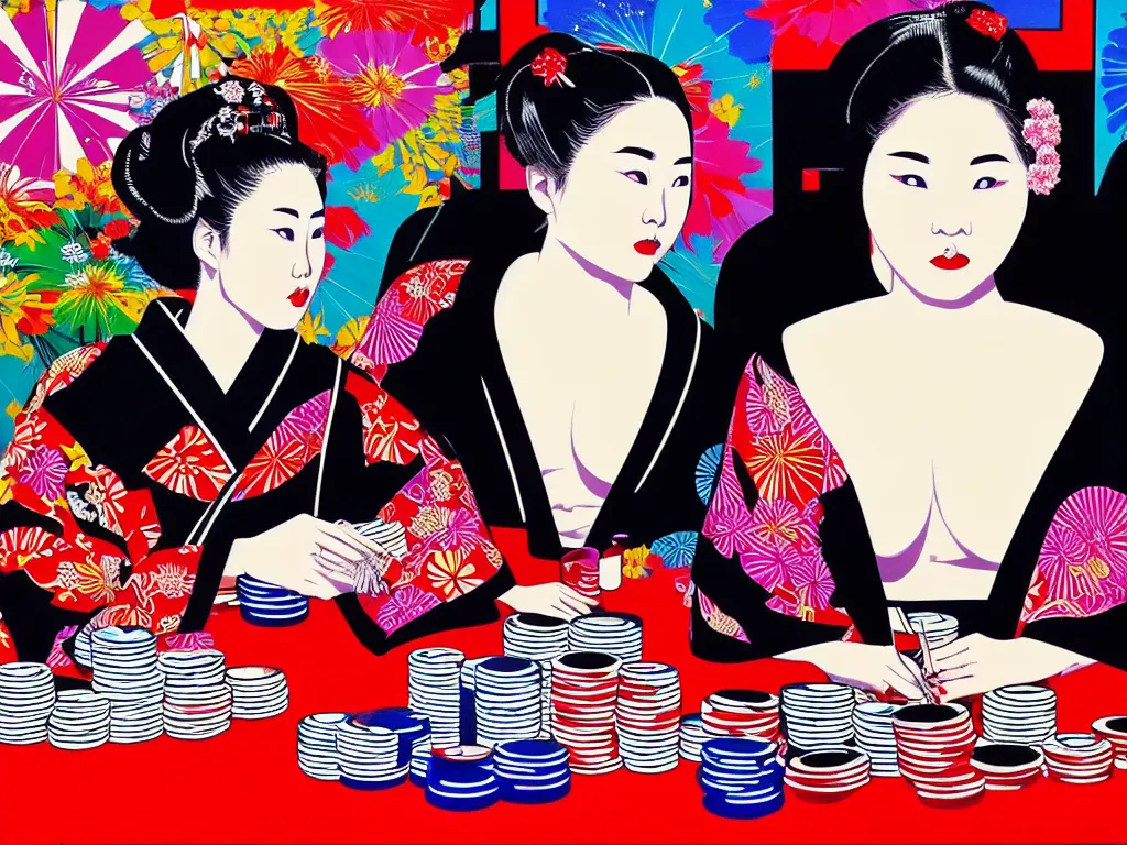 Image similar to hyperrealistic composition of the detailed woman in a japanese kimono sitting at a poker table with detailed darth vader, fireworks, beautiful mountain in the background, pop - art style, jacky tsai style, andy warhol style, acrylic on canvas