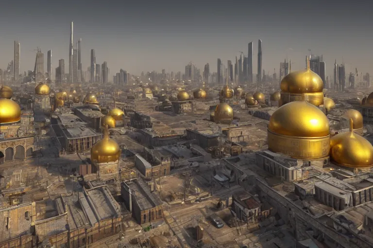 Image similar to dystopian russian cityscapes, golden domes, 8k, hyperrealistic, ultra sharp, octane render, unreal engine, light breaks through the roofs, artstation, very detailed, 16k, cinematic scenery,